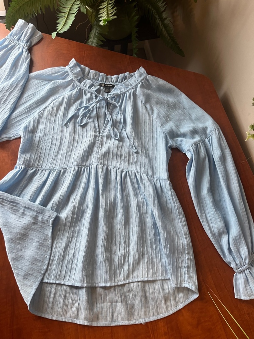 Baby Blue Peasant Flowing Sleeves Cinched Wrist Blouse Ruffle Tie Neck Versona